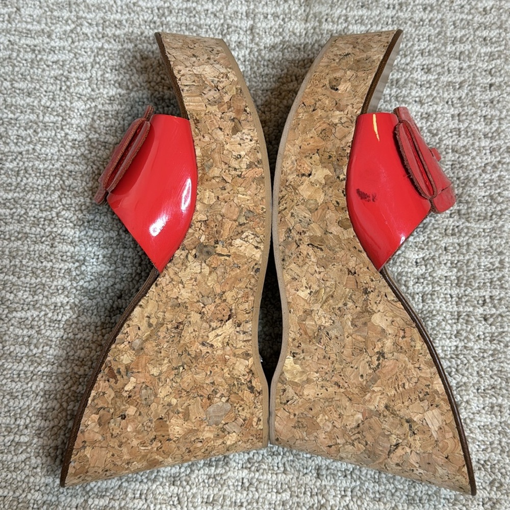 ANNE KLEIN LEXA RED PATENT CORK PLATFORM WEDGE SANDALS BUCKLE SLIDE **NWT** - Picture 11 of 14